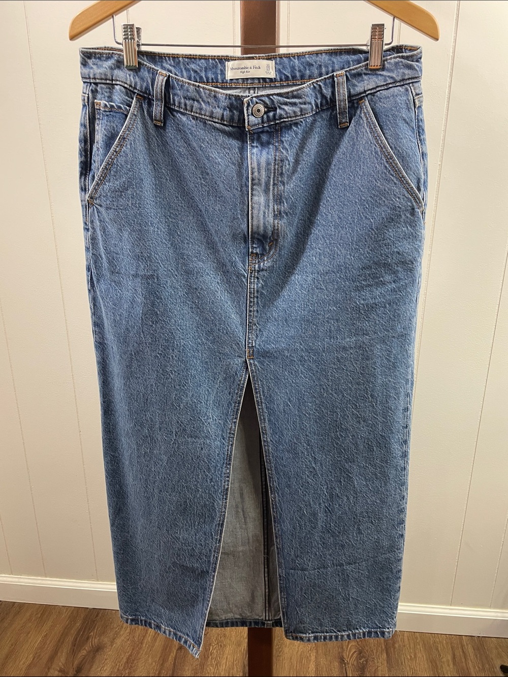 Abercrombie‎ & Fitch High Rise Denim Midi Skirt